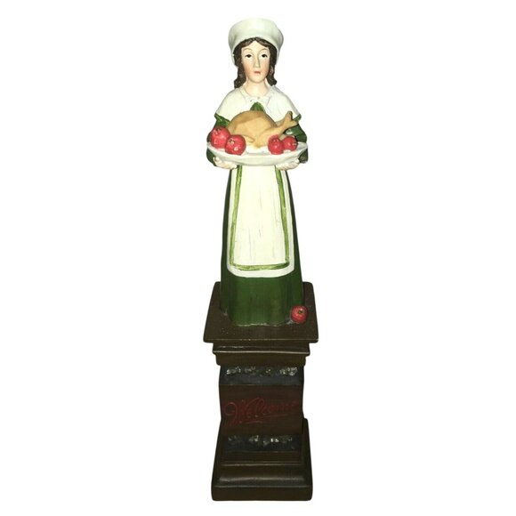 PILGRIM Woman Carrying Turkey Platter 12" Tall 'WELCOME'  Thanksgiving Statue - Picture 1 of 8